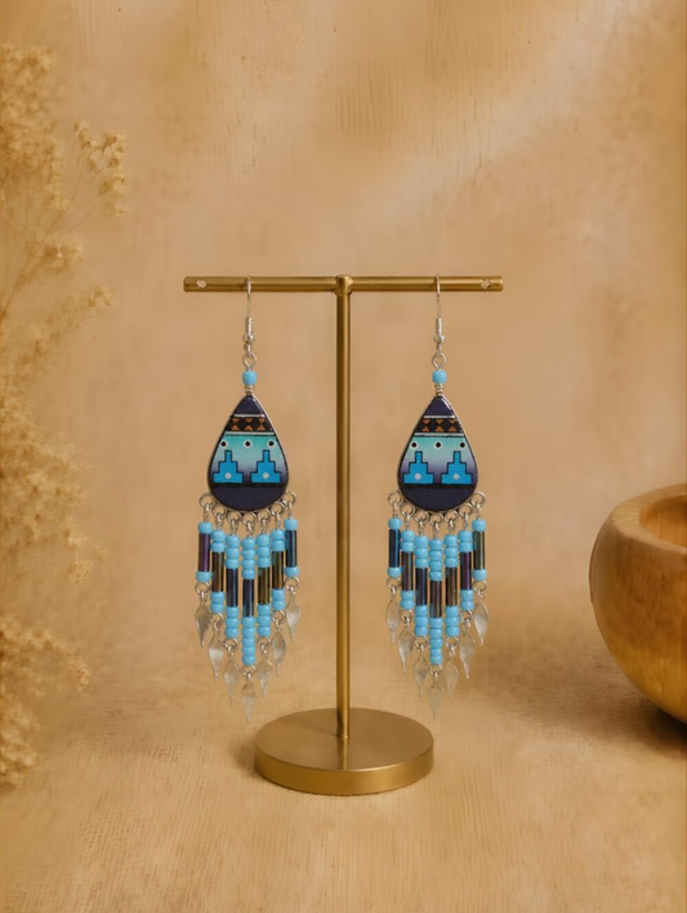 Southwestern Aqua Blue Native American Beaded Fringe Earrings